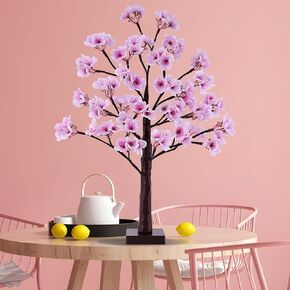 24 Inch Lighted Cherry Blossom Tree - 28 LED Lights Artificial Bonsai Tree with 84 Lush Flowers, Timer Battery/USB Operated Pink Light Up Tabletop Tree for Spring Wedding Party Indoor Outdoor Decor