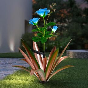 Solar Metal Agave Garden Art Rose Metal Plant Country Garden Sculpture Statue Outdoor Decoration Agave Metal Plant Garden Lawn Decoration Gift (1 PCS Blue Rose)