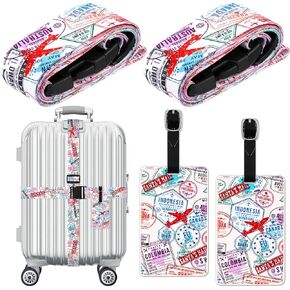 4 Pack Luggage Straps Set Adjustable Suitcase Belts with Quick Release Buckle Luggage Tags Travel Suitcase Tags with Name ID Card for Travel Bag(Stamp Pattern)