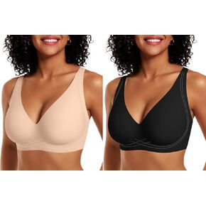 OEAK Womens Comfortable Deep V Bras Wireless Supportive Bra Raceback Tshirt Bras Nude+Black L