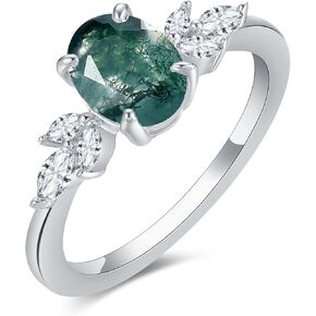 Mix Art Deco 1.0ct-1.5ct Natural Moss Agate 925 Silver Women Rings: Various Cut Green Agate Engagement Rings Plated with Platinum, Leaf Vines & Geometric Sterling Silver Bridal Promise Ring for Her (1.5ct 1.35ct 1.3ct 1.1ct 1.0ct) Size 4-9