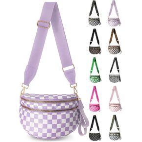 Checkered Nylon Crossbody Bag for Women, Spacious Checkered Bum Bag Purse Shoulder Bag Sling Bag with Shoulder Strap