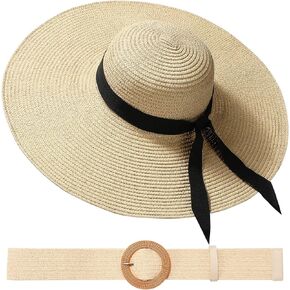 Womens Beach Sun Straw Hat with Straw Belt UV UPF 80+ Travel Foldable Brim Summer UV Hat Stretch Boho Belt for Dress