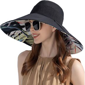 FEOYA Women’s Floppy Beach Wide Brim Sun Hats UV Protection Reversible Foldable Cotton Bucket Hat