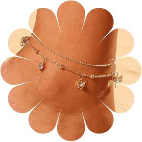 Andelaisi Boho Layered Flower Ankle Bracelet Vintage CZ Dragonfly Foot Chain Flower Dangle Ankle Bracelet Gold Ball Chain Anklet Bracelet Jewelry for Women