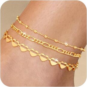 Gold/Silver Ankle Bracelets for Women,Waterproof Adjustable Size 3pc Heart Cuban Link Chain Anklets Set,Summer Beach Anklet Jewelry for Women Gift