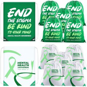 Kacctyen 12 Pcs Mental Health Drawstring Backpacks Stigma Cinch Bags Sport Gym Drawstring Bags Polyester Sack Pack Cinch Tote for Mental Health Awareness Gifts, Green, White