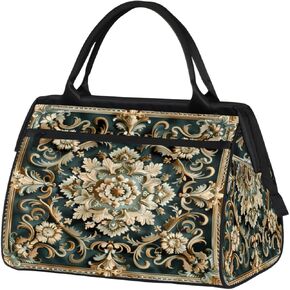 Carpet Flowers Patterns Gym Bag for Women Men, Travel Sports Duffel Bag with Trolley Sleeve, Waterproof Sports Gym Bag Weekender Overnight Bag Carry On Tote Bag for Travel Gym Sport