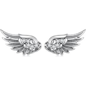 Vintage Angel Wing Stud Earrings for Women Men, 925 Sterling Silver Cubic Zircon Retro Small Wing Earrings Studs Womens Mens Oxidized Silver Hypoallergenic Biker Ear Jewelry Gift