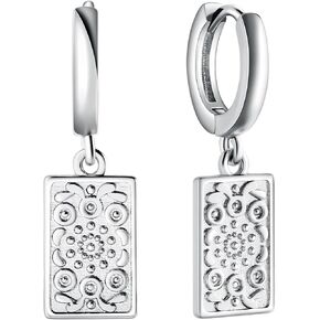 Womens Earrings Hoops, 925 Sterling Silver Huggie with Rectangle Pendant Earrings for Mens Womens