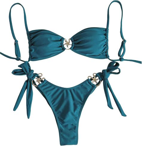 MakeMeChic Women's Two Piece Bikini Set Tie Side Ring Backless High Cut Bathing Suit Swimwear in Saudi Arabia