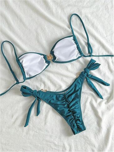 MakeMeChic Women's Two Piece Bikini Set Tie Side Ring Backless High Cut Bathing Suit Swimwear in Saudi Arabia