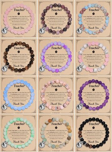 12PCS Teacher Appreciation Bracelets for Women Men Natural Stone Bead Teacher Bracelets Gifts Apple Pendant Stretch Bracelets with Gift Message Card Thank You Teacher Gifts in Kuwait