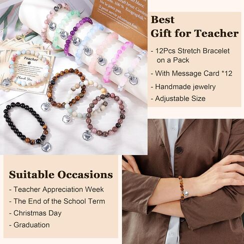 12PCS Teacher Appreciation Bracelets for Women Men Natural Stone Bead Teacher Bracelets Gifts Apple Pendant Stretch Bracelets with Gift Message Card Thank You Teacher Gifts in Kuwait