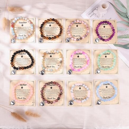 12PCS Teacher Appreciation Bracelets for Women Men Natural Stone Bead Teacher Bracelets Gifts Apple Pendant Stretch Bracelets with Gift Message Card Thank You Teacher Gifts in Kuwait