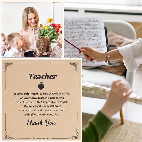 12PCS Teacher Appreciation Bracelets for Women Men Natural Stone Bead Teacher Bracelets Gifts Apple Pendant Stretch Bracelets with Gift Message Card Thank You Teacher Gifts in Kuwait