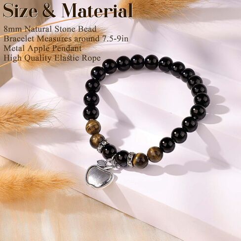 12PCS Teacher Appreciation Bracelets for Women Men Natural Stone Bead Teacher Bracelets Gifts Apple Pendant Stretch Bracelets with Gift Message Card Thank You Teacher Gifts in Kuwait