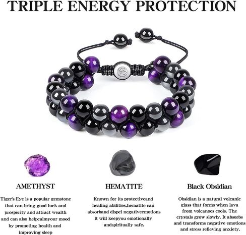 Triple Protection Bracelet - 8mm Blue Tiger Eye, Obsidian & Hematite Natural Crystal Gemstone Healing Bracelet Brings Good Luck, Health & Happiness - Ideal Gift in Kuwait