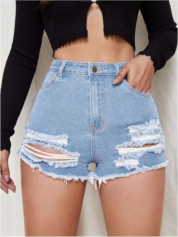 Floerns Women's Raw Hem Y2k Denim Shorts High Waist Straight Leg Ripped Mini Shorts in Saudi Arabia