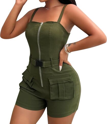 Rompers for Women One Piece Spaghetti Strap Zipper Up Jumpsuit Rompers with Pockets in Saudi Arabia