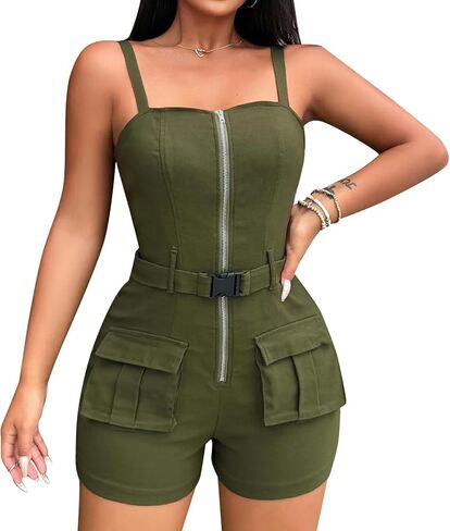 Rompers for Women One Piece Spaghetti Strap Zipper Up Jumpsuit Rompers with Pockets in Saudi Arabia
