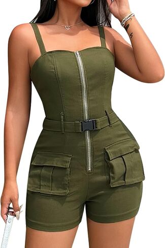 Rompers for Women One Piece Spaghetti Strap Zipper Up Jumpsuit Rompers with Pockets in Saudi Arabia