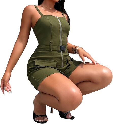 Rompers for Women One Piece Spaghetti Strap Zipper Up Jumpsuit Rompers with Pockets in Saudi Arabia