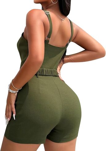Rompers for Women One Piece Spaghetti Strap Zipper Up Jumpsuit Rompers with Pockets in Saudi Arabia