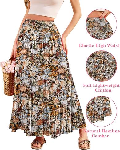 Cyinu Womens Long Maxi Skird chiffon مرنة عالية الخصر متطوس الأزهار المطبوعة الأزهار المطبوعة A-lip Boho الطويل للنساء in Kuwait