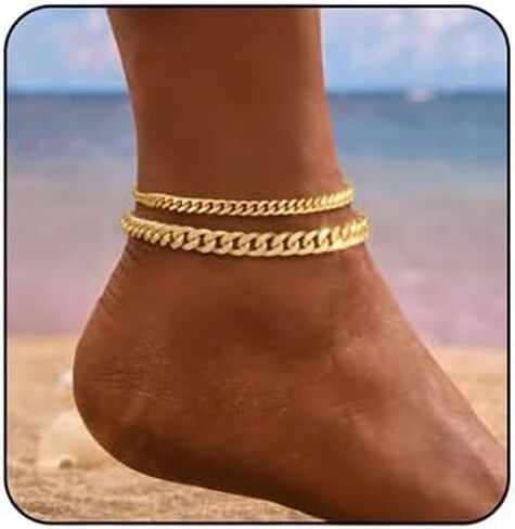 Gold Ankle Bracelets for Women 14K Gold Plated Anklets Stackable Thick Cuban Link Anklets Adjustable Waterproof Ankle Bracelet Layering Boho Foot Jewelry Hip Hop Beach Jewelry Gift in Kuwait