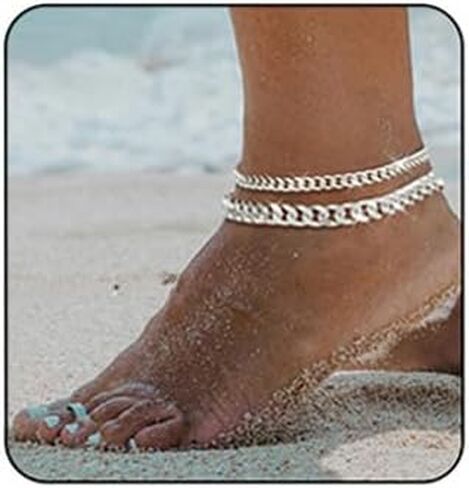 Gold Ankle Bracelets for Women 14K Gold Plated Anklets Stackable Thick Cuban Link Anklets Adjustable Waterproof Ankle Bracelet Layering Boho Foot Jewelry Hip Hop Beach Jewelry Gift in Kuwait
