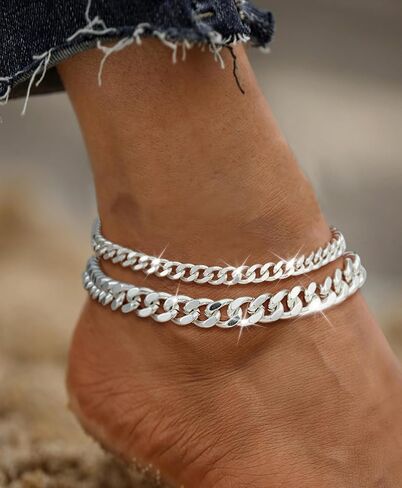 Gold Ankle Bracelets for Women 14K Gold Plated Anklets Stackable Thick Cuban Link Anklets Adjustable Waterproof Ankle Bracelet Layering Boho Foot Jewelry Hip Hop Beach Jewelry Gift in Kuwait