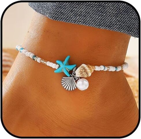 Ankle Bracelet for Women Beach Puka Shell Anklet Waterproof Starfish Seashell Pearl Anklets Stretch Beaded Ankle Bracelets Boho Beach Anklet Jewelry for Summer Beach Party in Saudi Arabia