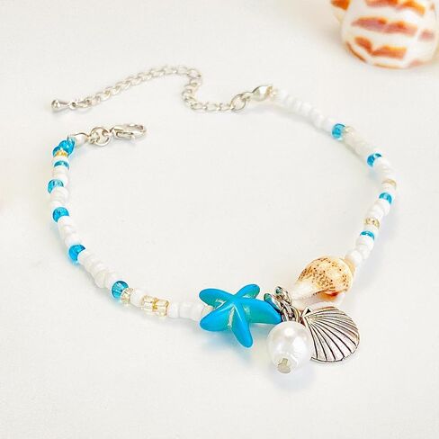 Ankle Bracelet for Women Beach Puka Shell Anklet Waterproof Starfish Seashell Pearl Anklets Stretch Beaded Ankle Bracelets Boho Beach Anklet Jewelry for Summer Beach Party in Saudi Arabia