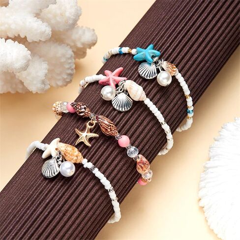 Ankle Bracelet for Women Beach Puka Shell Anklet Waterproof Starfish Seashell Pearl Anklets Stretch Beaded Ankle Bracelets Boho Beach Anklet Jewelry for Summer Beach Party in Saudi Arabia