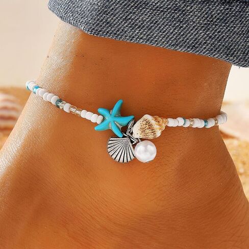 Ankle Bracelet for Women Beach Puka Shell Anklet Waterproof Starfish Seashell Pearl Anklets Stretch Beaded Ankle Bracelets Boho Beach Anklet Jewelry for Summer Beach Party in Saudi Arabia