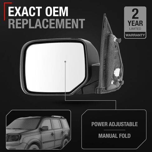Driver Side Mirror Replacement - Compatible with 2009-2015 Honda Pilot - Powered Adjustment, Heated, Manual Fold, Flat Glass - Smooth Black, 16H5P - OEM 76258SZAA11ZF, HO1320248 in Kuwait