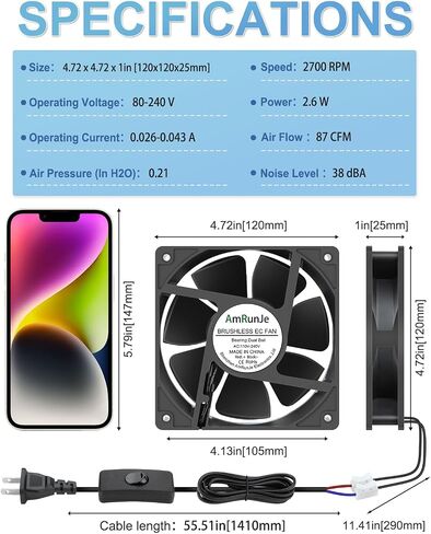 EC Cooling Fan 110V 115V 120V 220V 240V 92mm X 25mm AC High Speed Dual Ball Bearing for Receiver PS4 Cabinet Xbox Greenhouse Cooling in Saudi Arabia