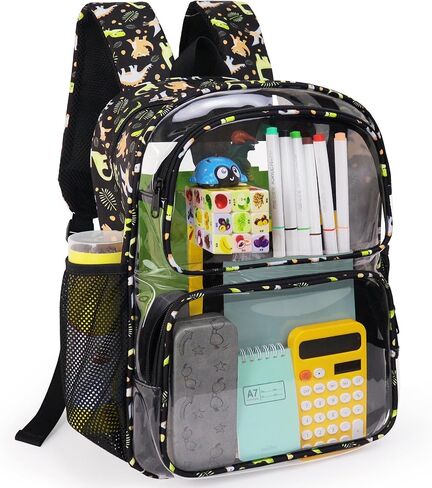 Clear Backpack,16'' Clear Backpack for Boys Heavy Duty School Backpacks See Through Bookbag for Kids 4 to 8,Black Dinosaur in Kuwait
