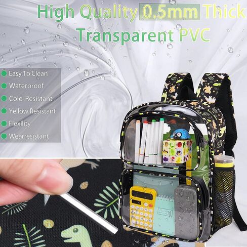 Clear Backpack,16'' Clear Backpack for Boys Heavy Duty School Backpacks See Through Bookbag for Kids 4 to 8,Black Dinosaur in Kuwait