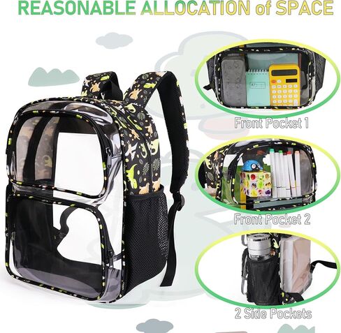 Clear Backpack,16'' Clear Backpack for Boys Heavy Duty School Backpacks See Through Bookbag for Kids 4 to 8,Black Dinosaur in Kuwait