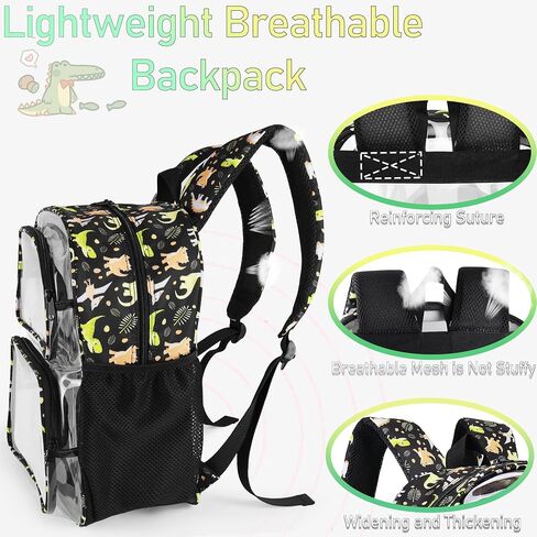 Clear Backpack,16'' Clear Backpack for Boys Heavy Duty School Backpacks See Through Bookbag for Kids 4 to 8,Black Dinosaur in Kuwait