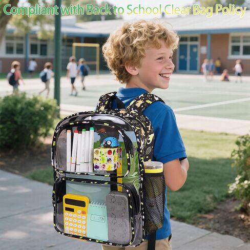 Clear Backpack,16'' Clear Backpack for Boys Heavy Duty School Backpacks See Through Bookbag for Kids 4 to 8,Black Dinosaur in Kuwait