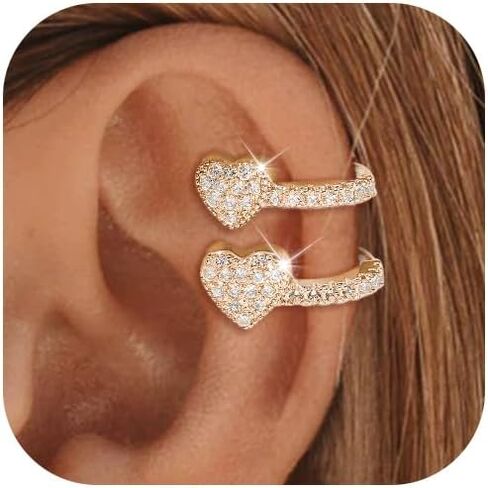 Ear Cuffs for Women Heart Clip On Earrings Dainty CZ Cartilage Earrings Non Piercing Ear Wrap Earrings Gold Fake Earrings Trendy Jewelry Gift for Women in Saudi Arabia