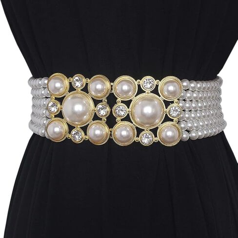 Wide Pearl Belts Gift for Women Wedding Stretchy Sash Belt for Dress Crystal Rhinestone Corset Off White Waist Chain in Saudi Arabia