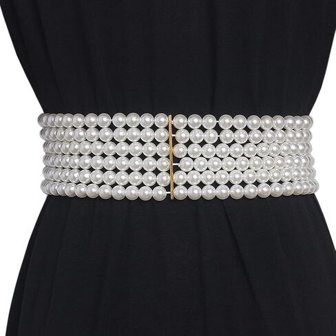 Wide Pearl Belts Gift for Women Wedding Stretchy Sash Belt for Dress Crystal Rhinestone Corset Off White Waist Chain in Saudi Arabia