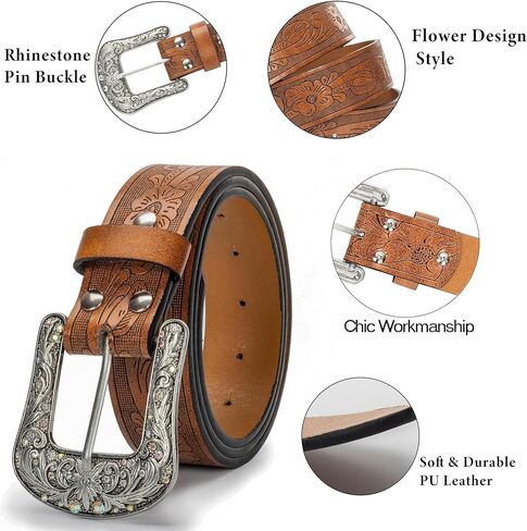 Cowgirl Cowboy Rhinestone-Studded-Buckle Western Belt for Women PU-Leather Floral-Embossed Vintage-Carved Belt 30-38" in Kuwait