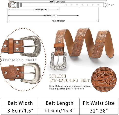 Cowgirl Cowboy Rhinestone-Studded-Buckle Western Belt for Women PU-Leather Floral-Embossed Vintage-Carved Belt 30-38" in Kuwait