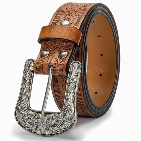 Cowgirl Cowboy Rhinestone-Studded-Buckle Western Belt for Women PU-Leather Floral-Embossed Vintage-Carved Belt 30-38" in Kuwait
