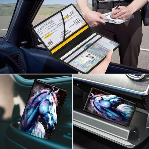 Car Registration and Insurance Holder, Leather Car Glove Box Organizer, Cool Car Accessories for ID, Driver's License Cards & Essential Document,business cards,Men&Women,Watercolor Horses in Kuwait